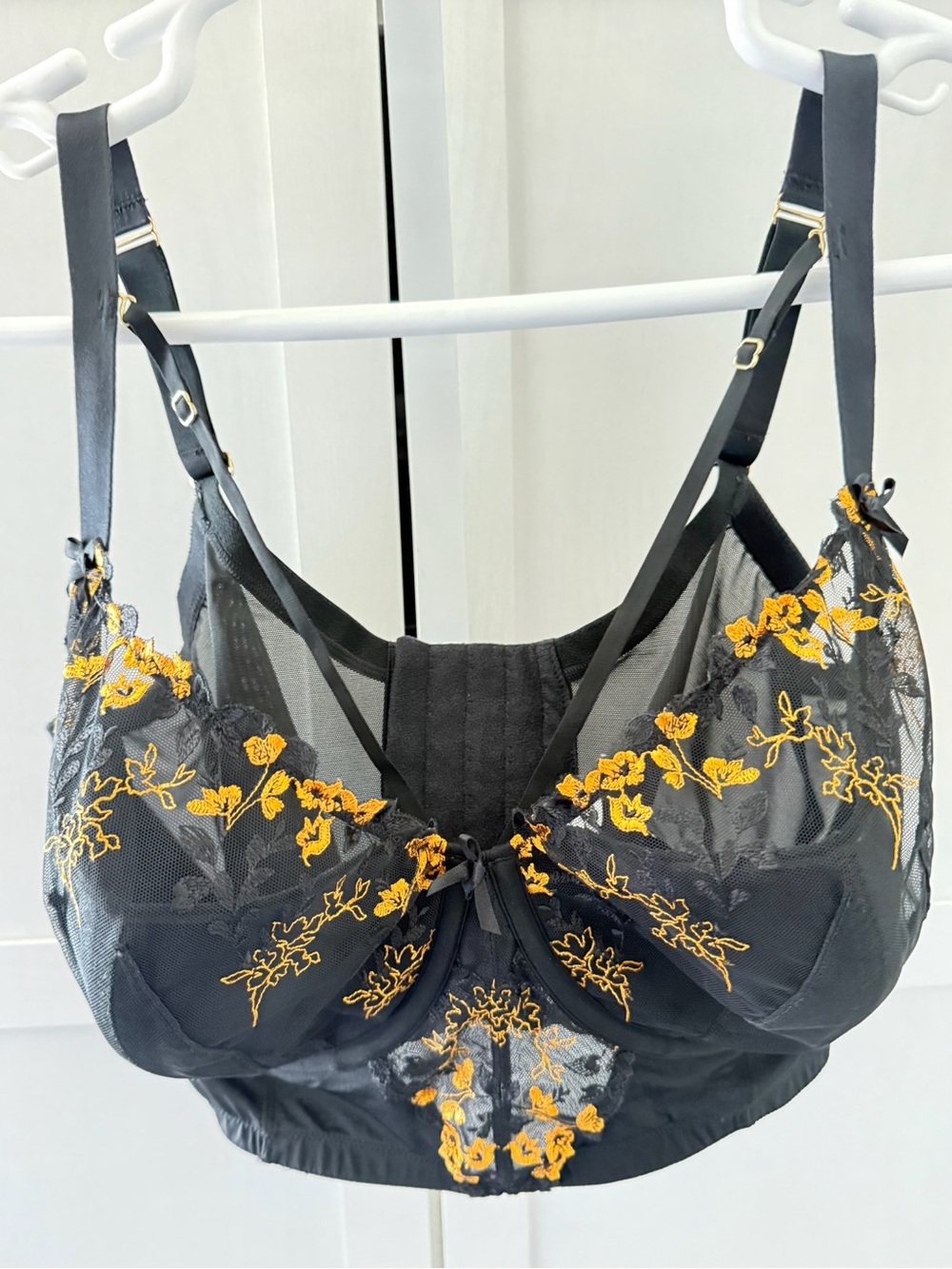 Cacique Black Bra with Yellow Floral Embroidery